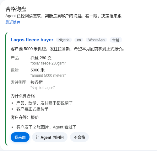 A qualified-inquiry card on the workbench: a customer from Nigeria wants 5,000 meters of fleece shipped to Lagos. The product, quantity and destination each show the customer's own words, and three buttons at the bottom let you take it, ask the Agent to ask more, or mark it not qualified.
